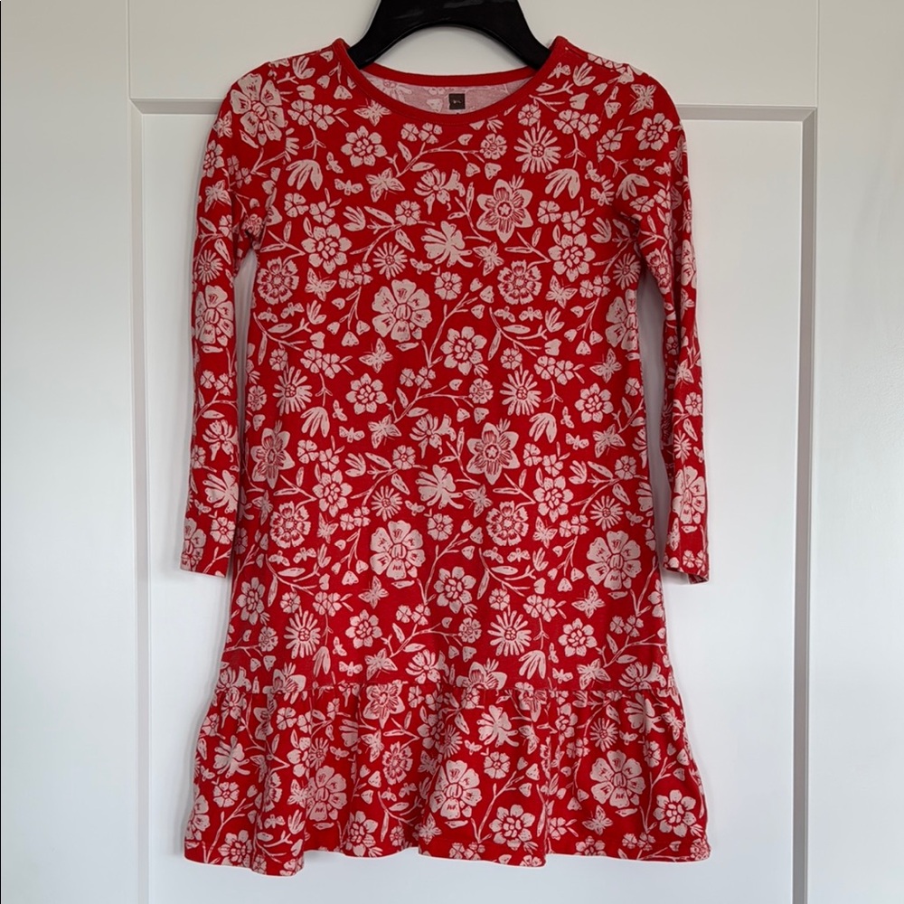 Floral & Butterflies Coral Red Peplum Dress by Tea Collection, Like new! Size 8